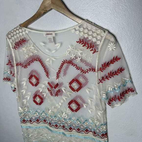 Sundance Sheer Embroidered Short Sleeve Boho Top Women's Medium Aztec Red Blue - Picture 8 of 10